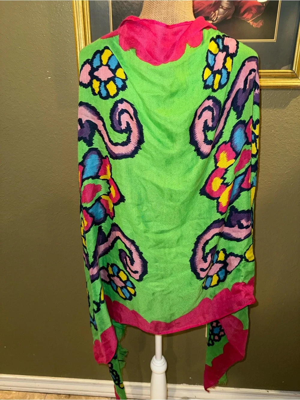 Vibrant Floral Green & Pink Scarf Wrap